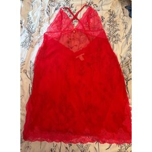 Victoria's‎ Secret Red Floral Lace Trim Babydoll Lingerie Slip Dress, Large